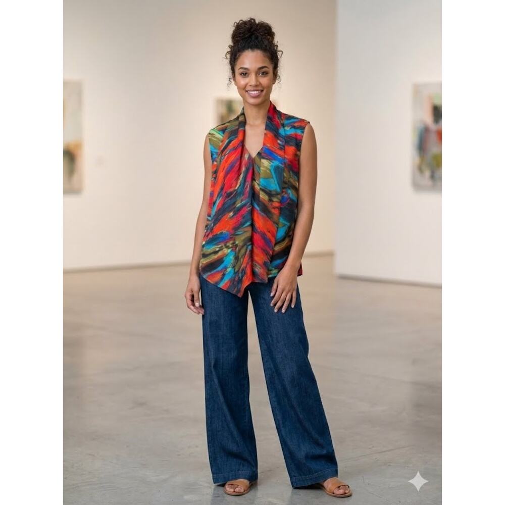 Sunny Leigh Sleeveless Draping Top Abstract MultiColored Blouse Womens Size XL